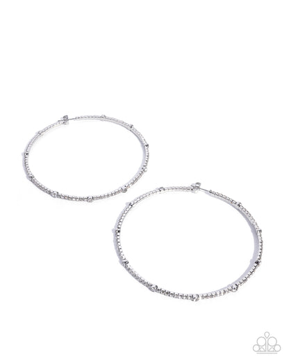 Sensational Squares - White Rhinestone, Silver Hoop Earrings - Paparazzi Accessories