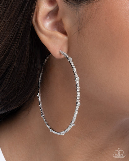 Sensational Squares - White Rhinestone, Silver Hoop Earrings - Paparazzi Accessories