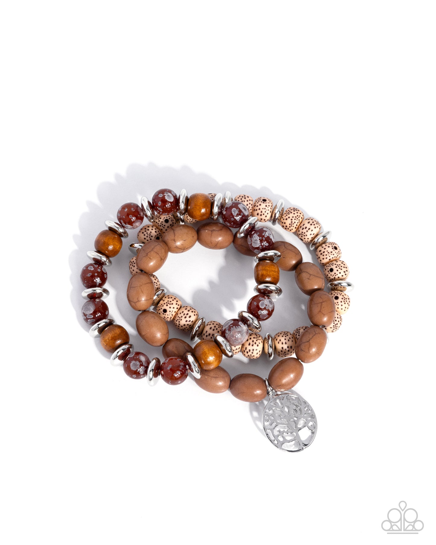 Spot Savvy - Brown Marbled & Wood Beads Silver "Tree of Life" Charm Stretchy Bracelets - Paparazzi Accessories