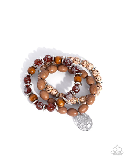 Spot Savvy - Brown Marbled & Wood Beads Silver "Tree of Life" Charm Stretchy Bracelets - Paparazzi Accessories