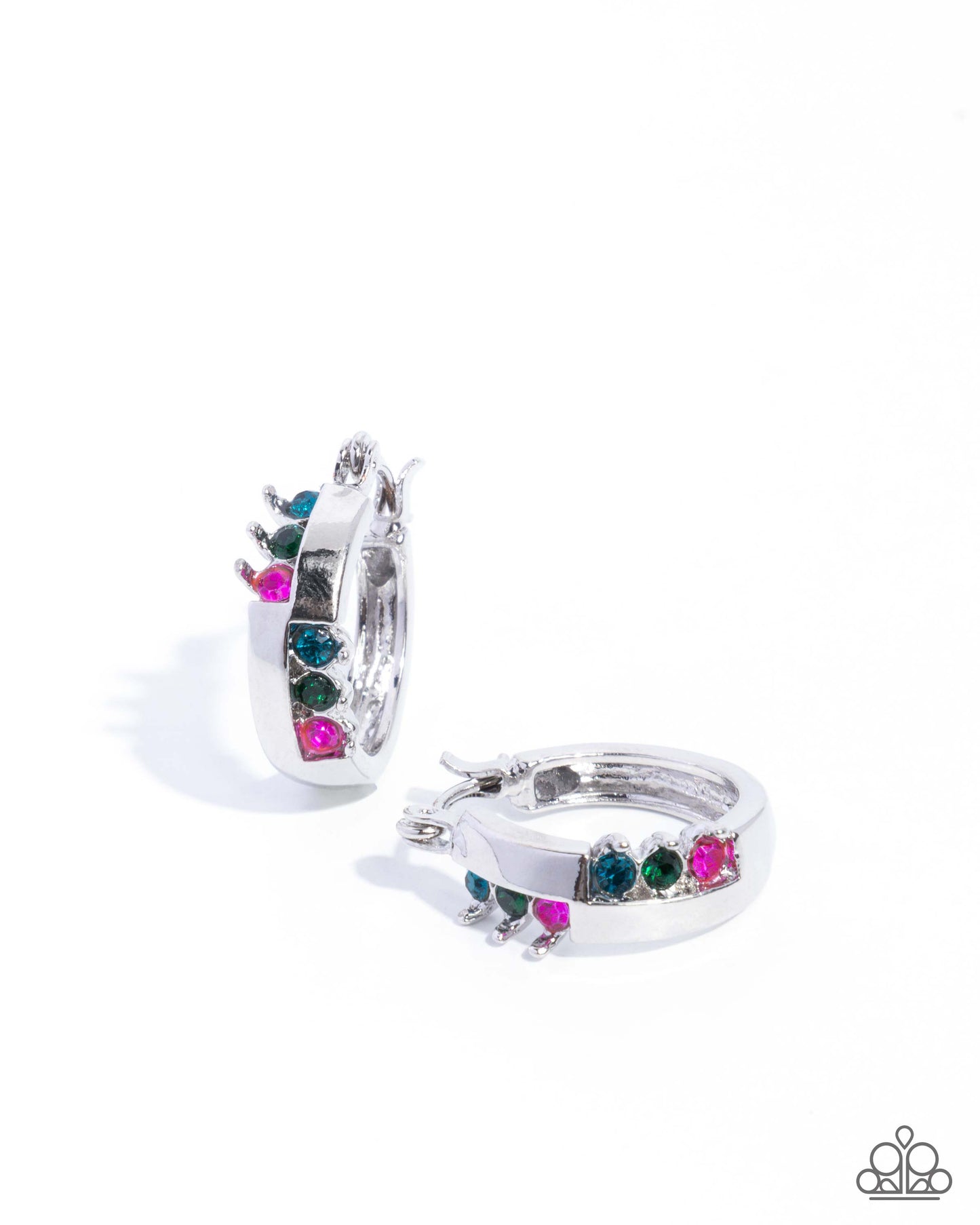 Abstract Accomplishment - Multi Rhinestone, Silver Hinge Hoop Earrings - Paprazzi Accessories