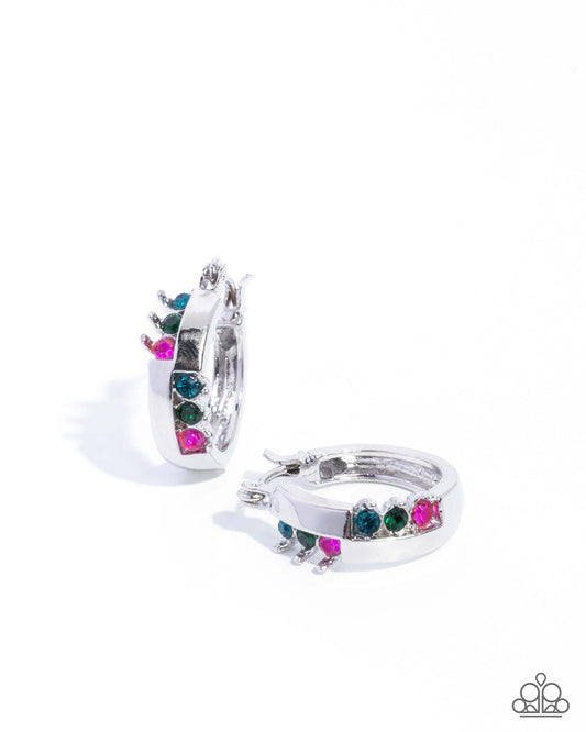 Abstract Accomplishment - Multi Rhinestone, Silver Hinge Hoop Earrings - Paprazzi Accessories