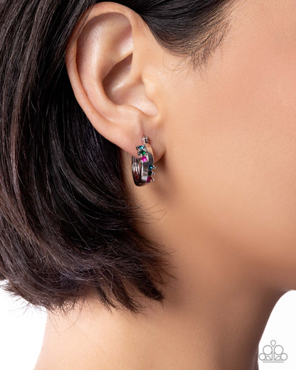 Abstract Accomplishment - Multi Rhinestone, Silver Hinge Hoop Earrings - Paprazzi Accessories