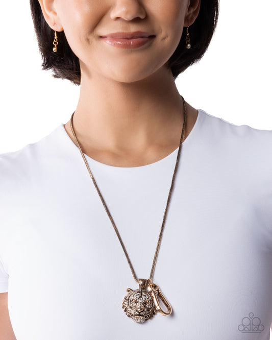 Tenacious Tiger - Gold and Black with White Rhinestone Tiger Pendant Lanyard - Paparazzi Accessories