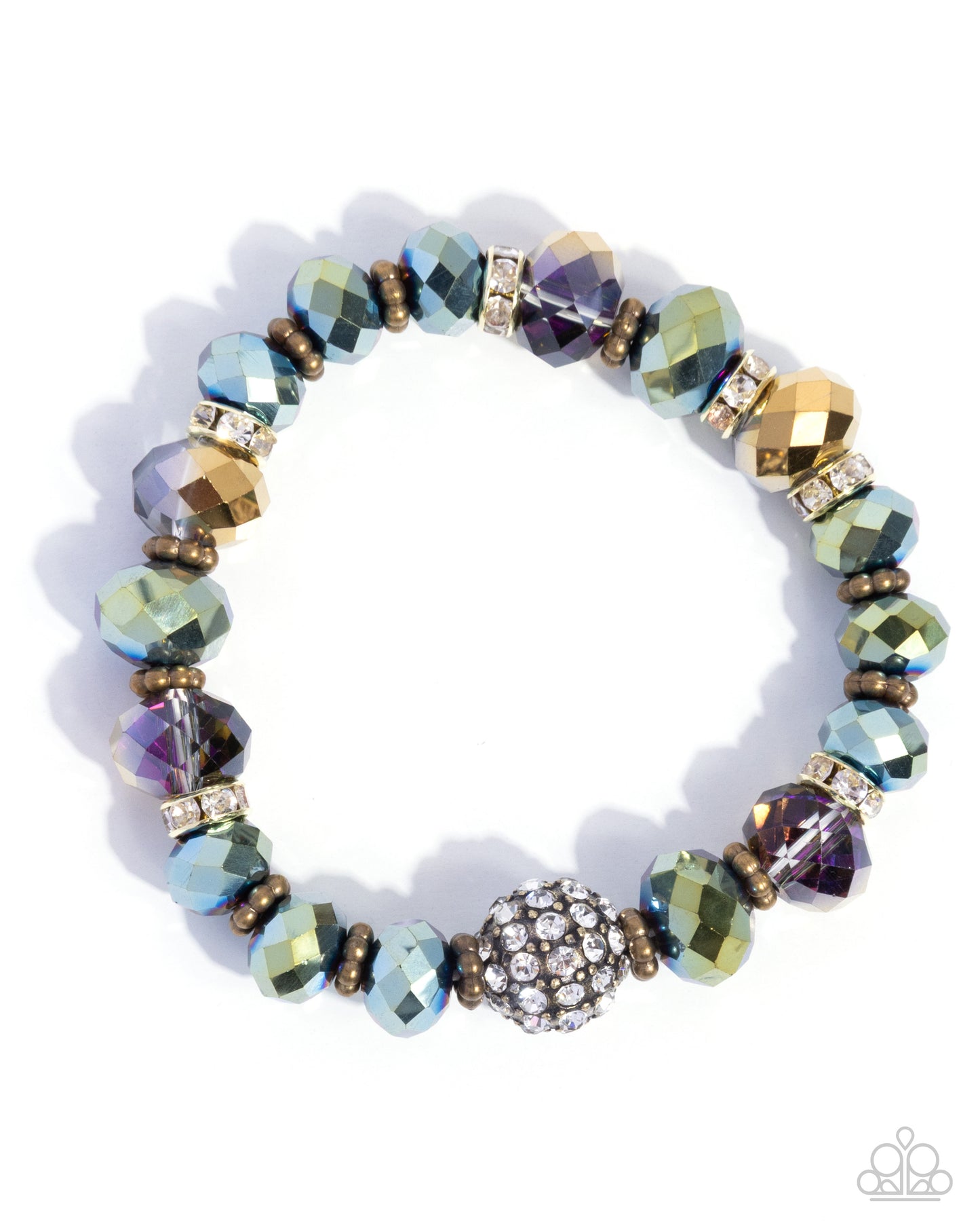 Traditional Thrill - Brass Oil Spill Faceted Bead Stretchy Bracelet - Paparazzi Accessories