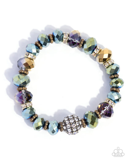 Traditional Thrill - Brass Oil Spill Faceted Bead Stretchy Bracelet - Paparazzi Accessories