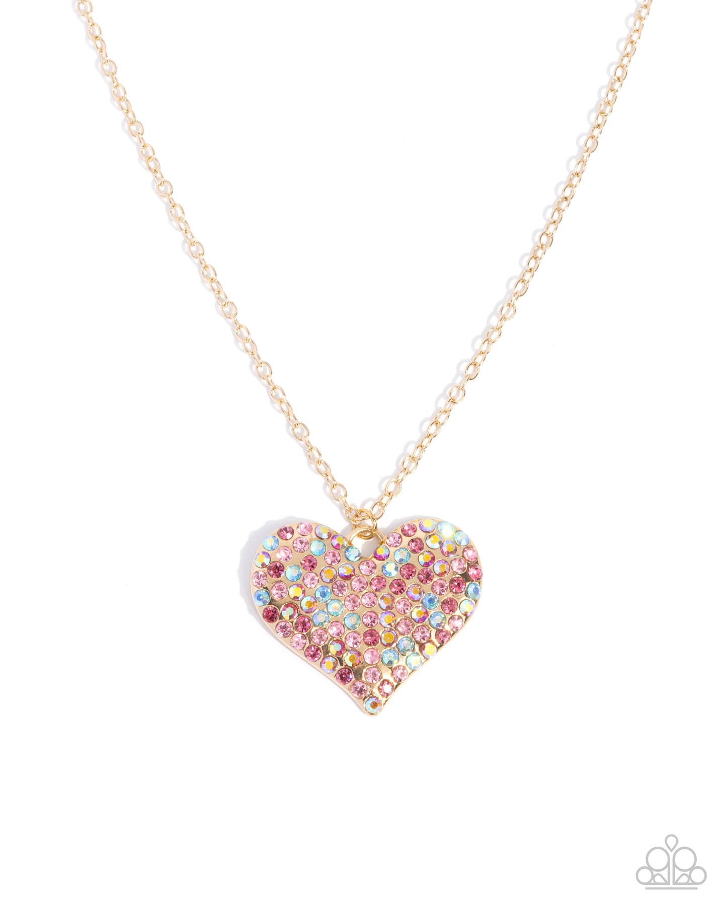 Huge Heart - Pink Iridescent Rhinestone, Gold Heart Necklace - Paparazzi Accessories