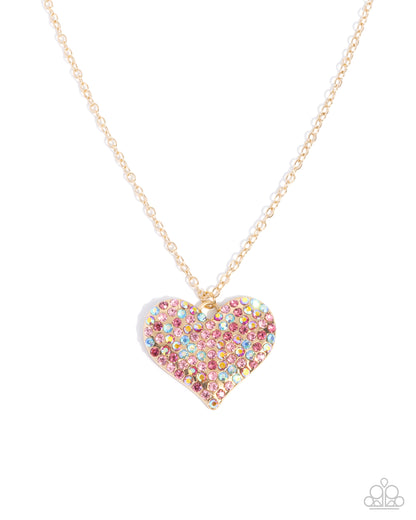 Huge Heart - Pink Iridescent Rhinestone, Gold Heart Necklace - Paparazzi Accessories