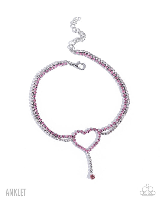 Refreshing Romance - Pink Rhinestone Heart, Silver Anklet - Paparazzi Accessories