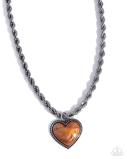 Romantic Rhythm - Orange Pearlescent Heart, Silver Necklace - Paparazzi Accessories