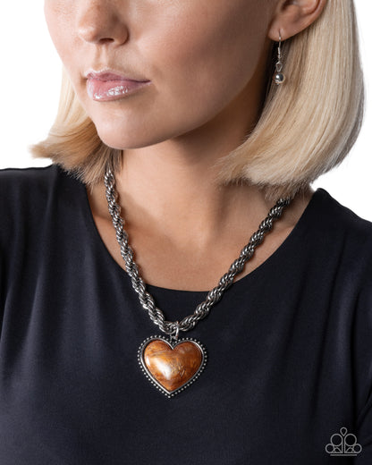 Romantic Rhythm - Orange Pearlescent Heart, Silver Necklace - Paparazzi Accessories