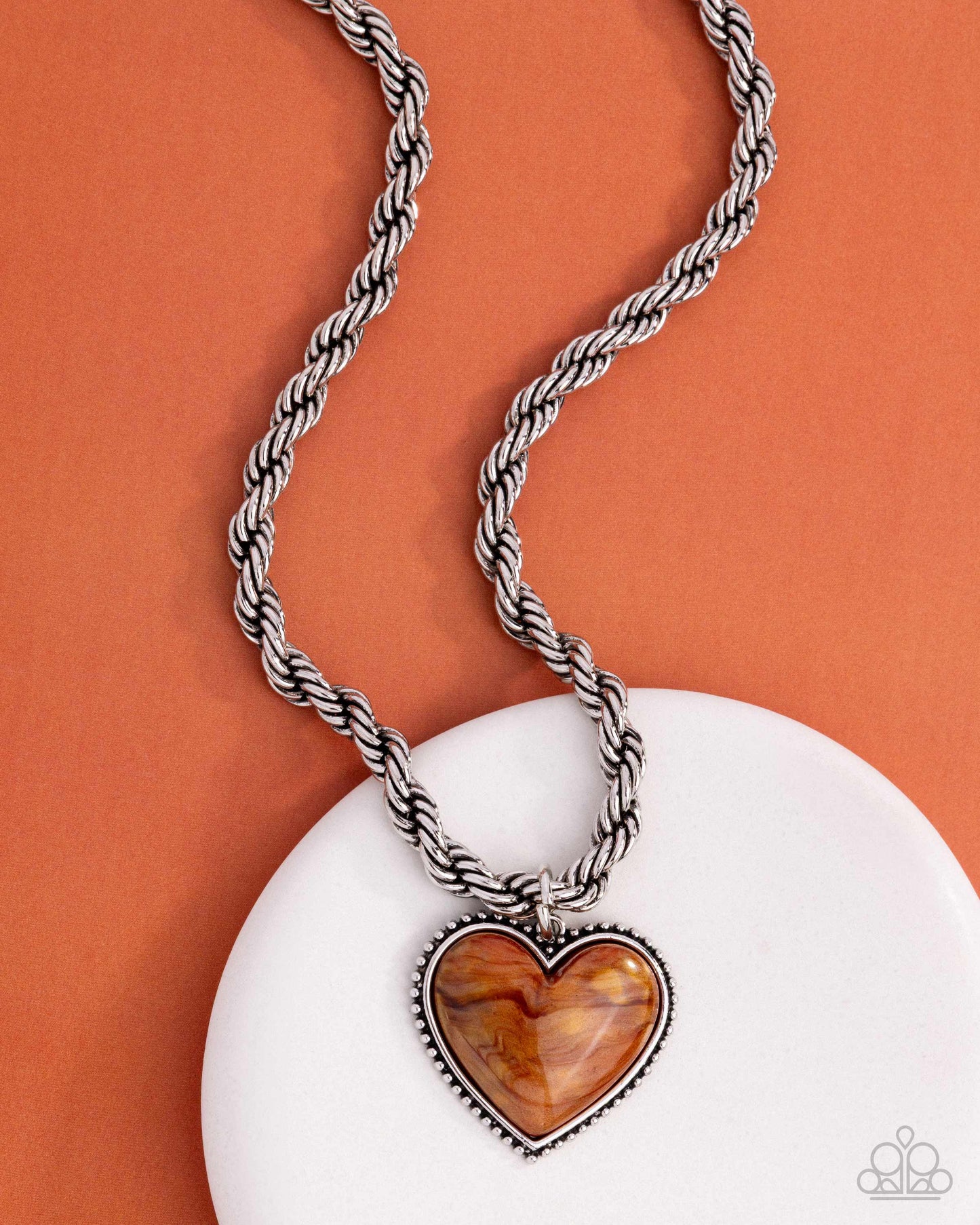 Romantic Rhythm - Orange Pearlescent Heart, Silver Necklace - Paparazzi Accessories
