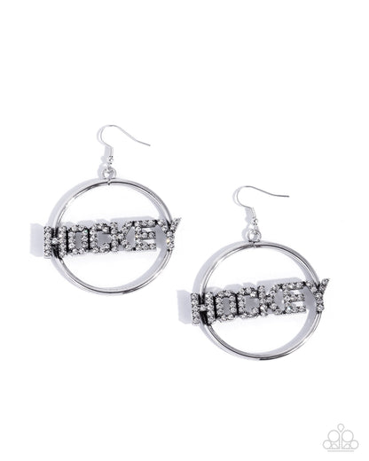 The Puck is in Play - White Rhinestone "HOCKEY" Silver Fishhook Earrings - Paparazzi Accessories