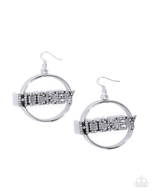 The Puck is in Play - White Rhinestone "HOCKEY" Silver Fishhook Earrings - Paparazzi Accessories