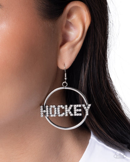 The Puck is in Play - White Rhinestone "HOCKEY" Silver Fishhook Earrings - Paparazzi Accessories
