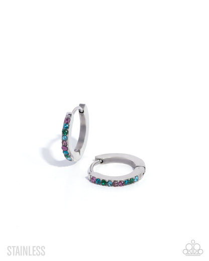 Fixed Flair - Multi Purple, Blue and Green Rhinestone, Mini Hinge Hoop Earrings - Paparazzi Accessories