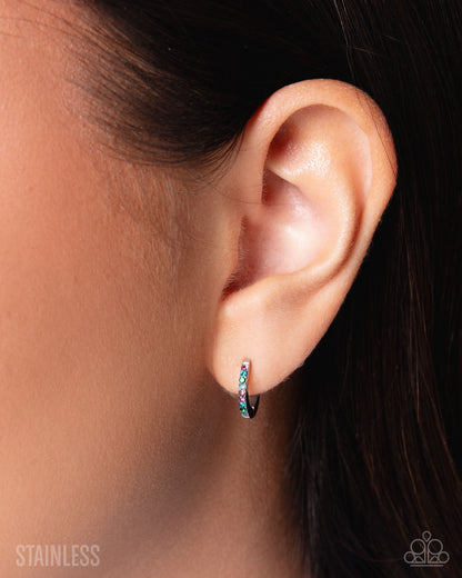 Fixed Flair - Multi Purple, Blue and Green Rhinestone, Mini Hinge Hoop Earrings - Paparazzi Accessories