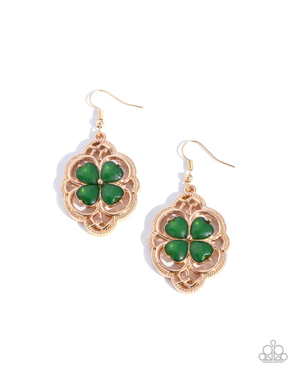 Lyrical Luck - Green Gemstone, Gold Clover Earrings - Paparazzi Accessories
