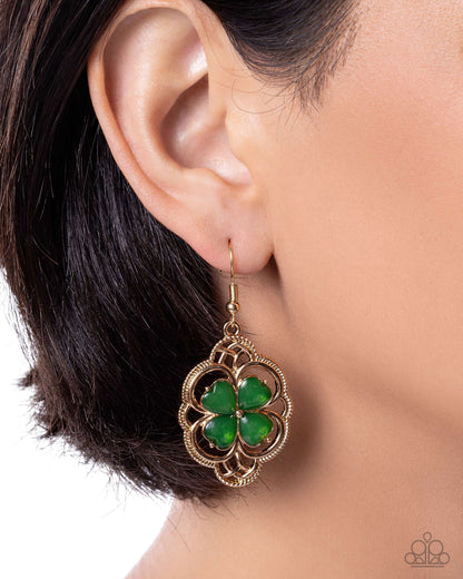 Lyrical Luck - Green Gemstone, Gold Clover Earrings - Paparazzi Accessories