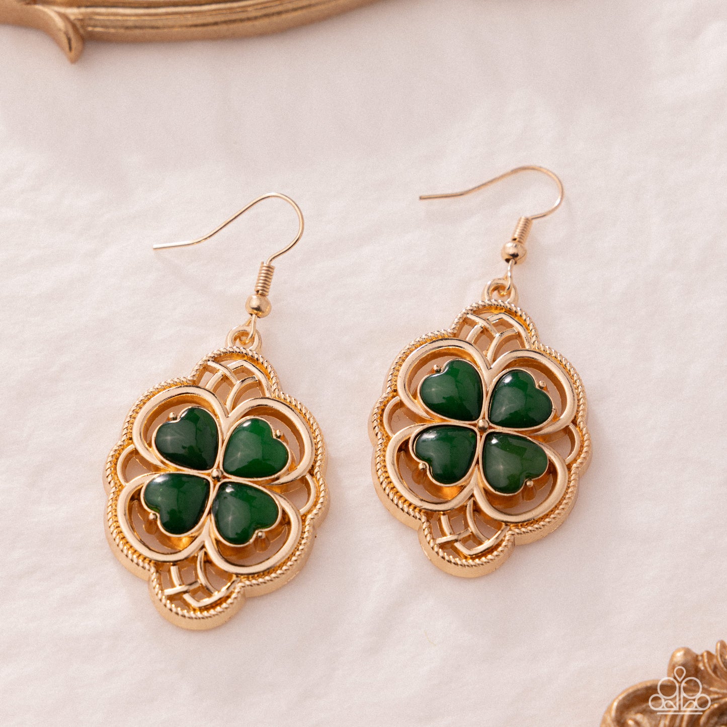 Lyrical Luck - Green Gemstone, Gold Clover Earrings - Paparazzi Accessories