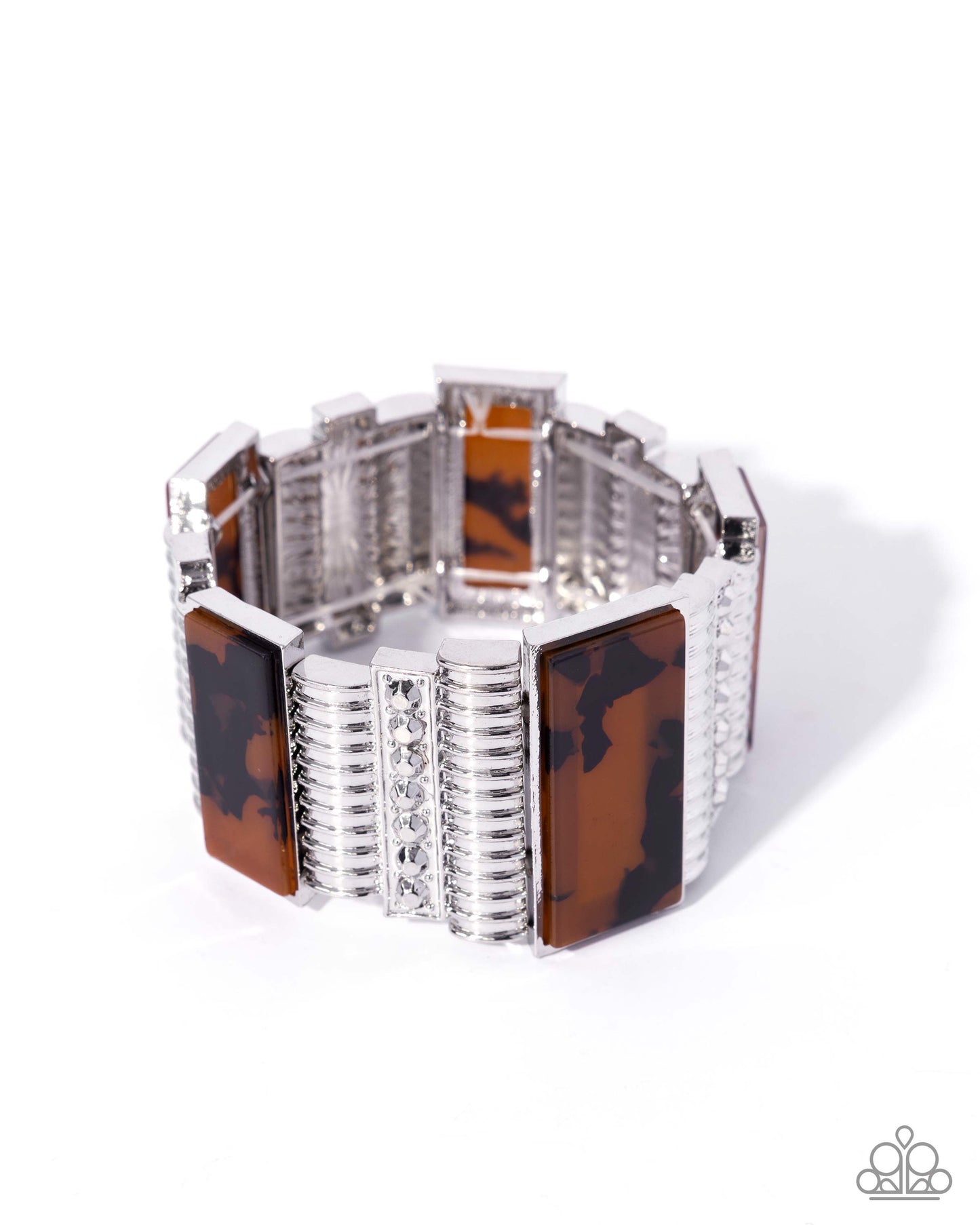 Audacious Pattern - Brown Tortoiseshell Acrylic Silver Stretchy Bracelet - Paparazzi Accessories
