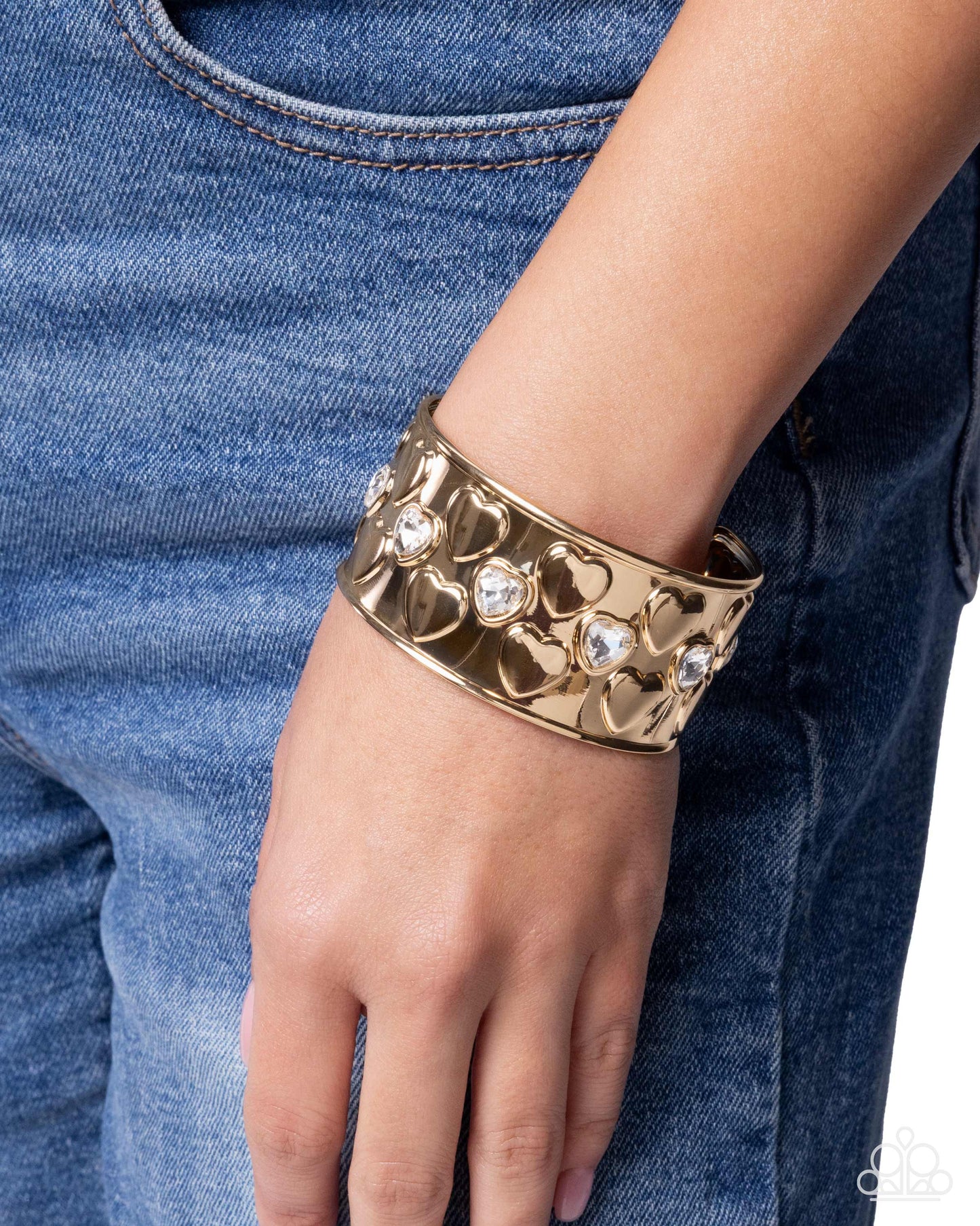 Loveable Labor - Gold and White Rhinestone Heart Cuff Bracelet - Paparazzi Accessories