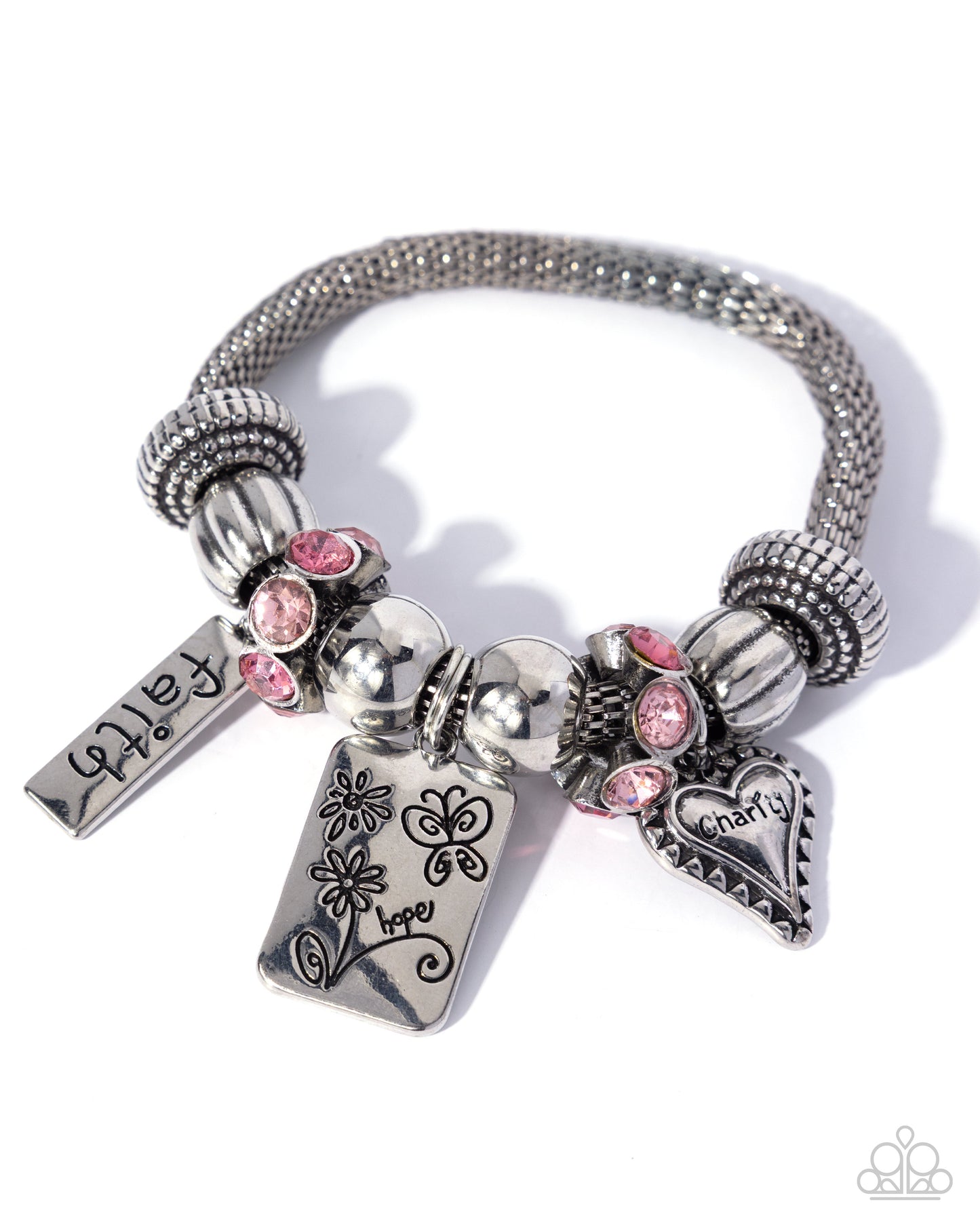 Hopeful Hangout - Pink Gemstone, Silver Charm Bracelet - Paparazzi Accessories