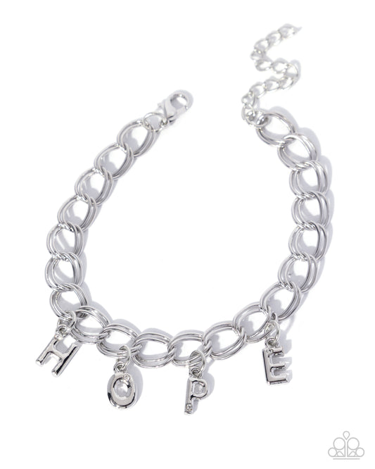 Hopeful Hero - White Rhinestone "HOPE", Silver Charm Bracelet - Paparazzi Accessories