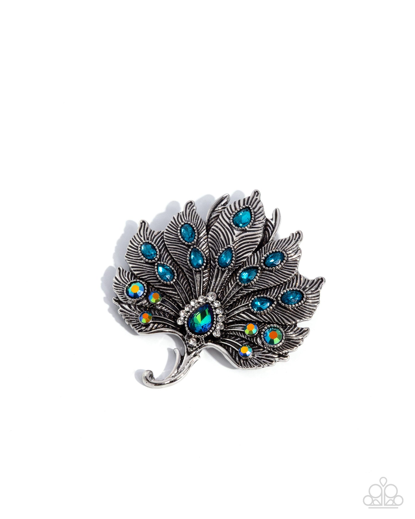 Perfect Peacock - Green, Blue and Multicolored Iridescent Rhinestone, Silver Peacock Brooch - Paparazzi Accessories