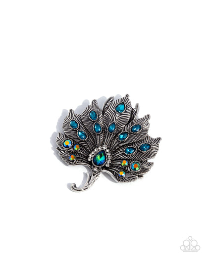 Perfect Peacock - Green, Blue and Multicolored Iridescent Rhinestone, Silver Peacock Brooch - Paparazzi Accessories