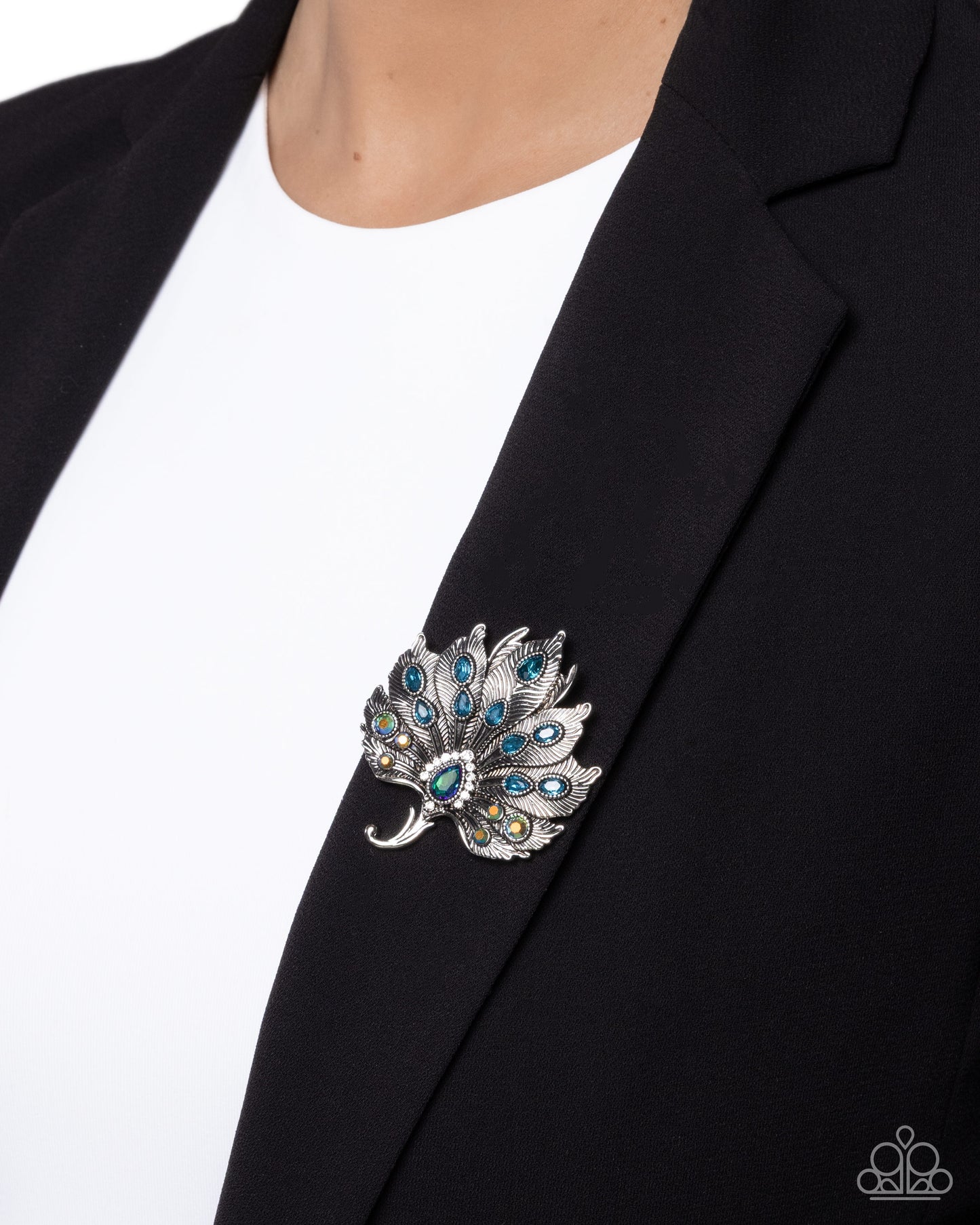 Perfect Peacock - Green, Blue and Multicolored Iridescent Rhinestone, Silver Peacock Brooch - Paparazzi Accessories