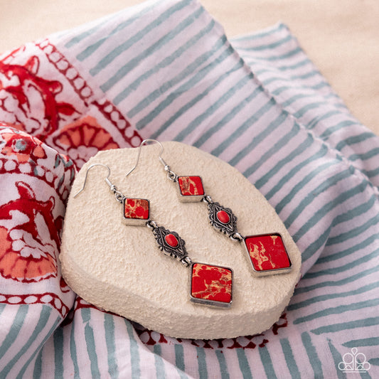 Diamond Deco - Red Marbled Stone, Silver Earrings - Paparazzi Accessories