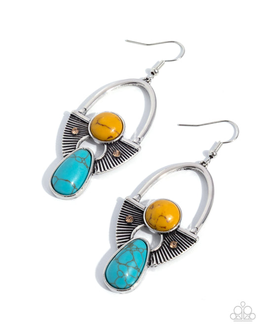 Standout Stones - Yellow and Blue Crackle Stone, Silver Earrings - Paparazzi Accessories