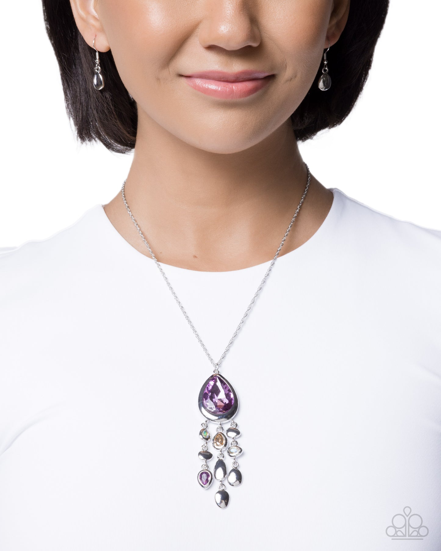 Oval Observation - Purple Rhinestone, Silver Necklace - Paparazzi Accessories