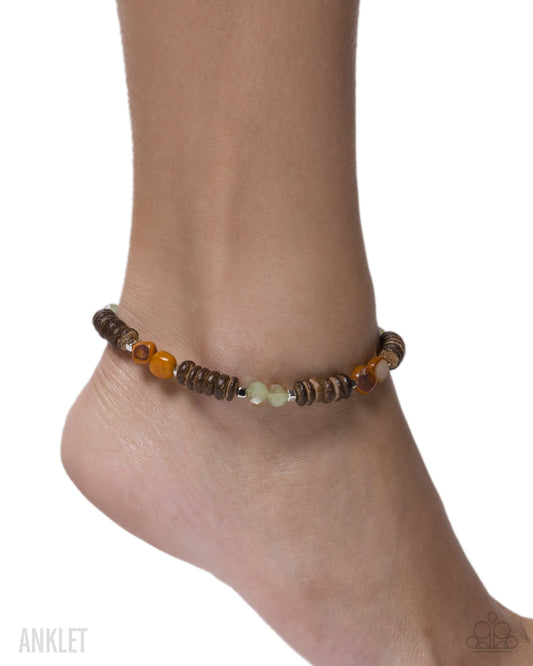 Reserved Rusticity - Brown Wood Bead, Shell and UV Shimmer Green Bead Anklet - Paparazzi Accessories