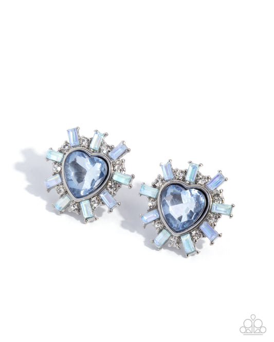 Flirty Feature - Blue Rhinestone Heart, Silver Earrings - Paparazzi Accessories