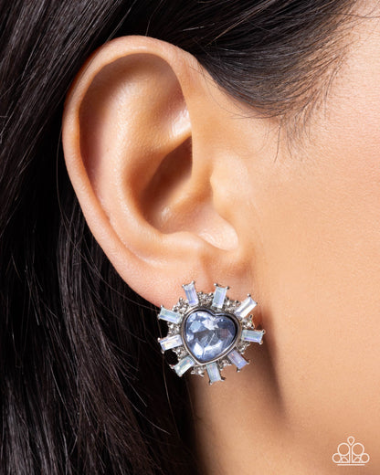 Flirty Feature - Blue Rhinestone Heart, Silver Earrings - Paparazzi Accessories