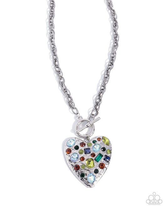 Circulated Chic - Green Rhinestone, Silver Heart Pendant Necklace - Paparazzi Accessories