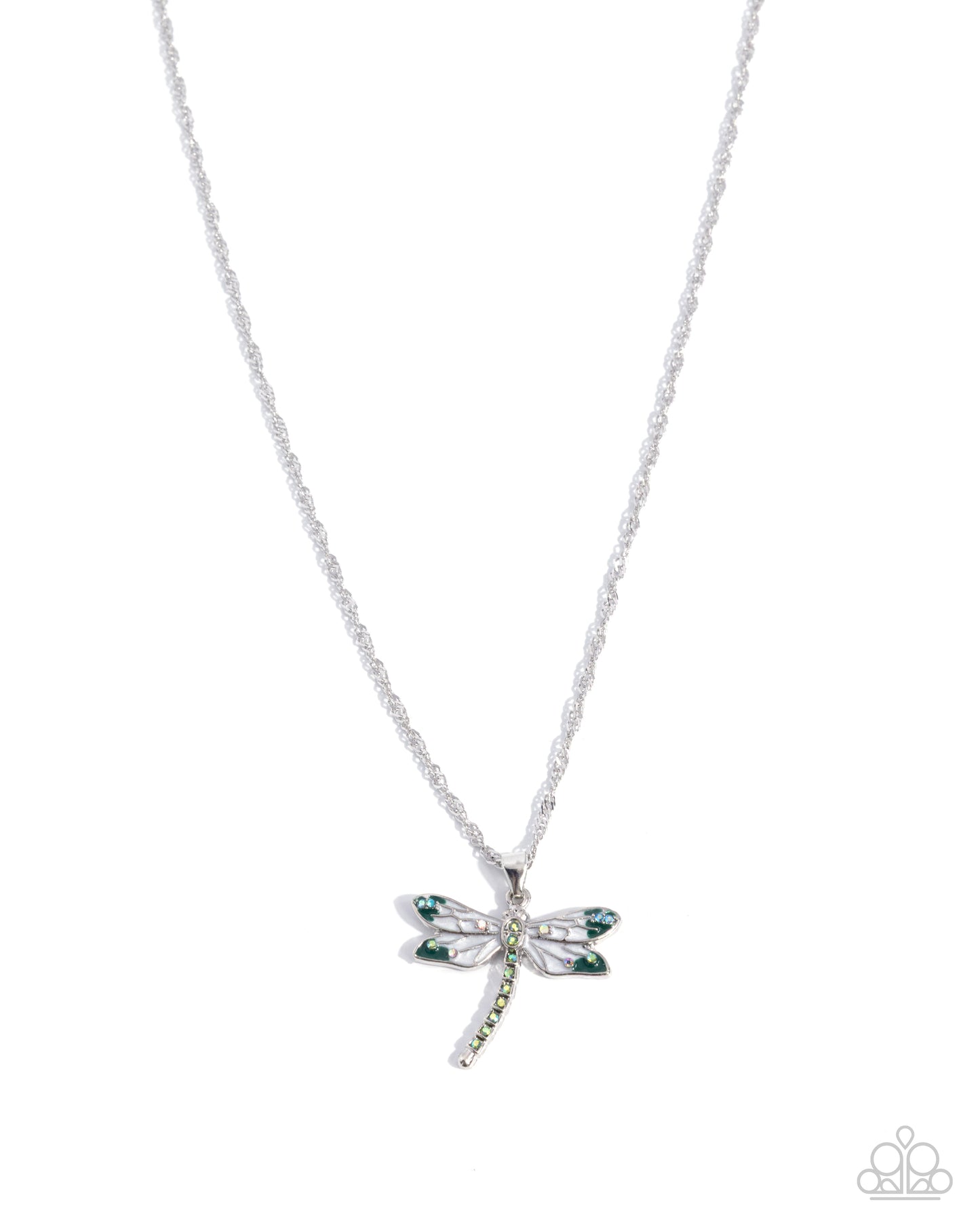 Dragonfly Debut - Green Rhinestone, Silver Drangonfly Pendant Necklace - Paparazzi Accessories