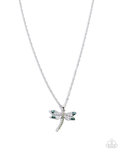Dragonfly Debut - Green Rhinestone, Silver Drangonfly Pendant Necklace - Paparazzi Accessories