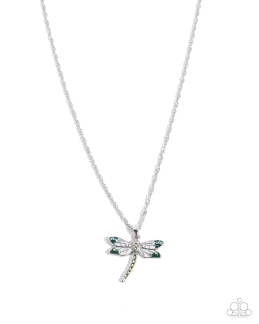 Dragonfly Debut - Green Rhinestone, Silver Drangonfly Pendant Necklace - Paparazzi Accessories