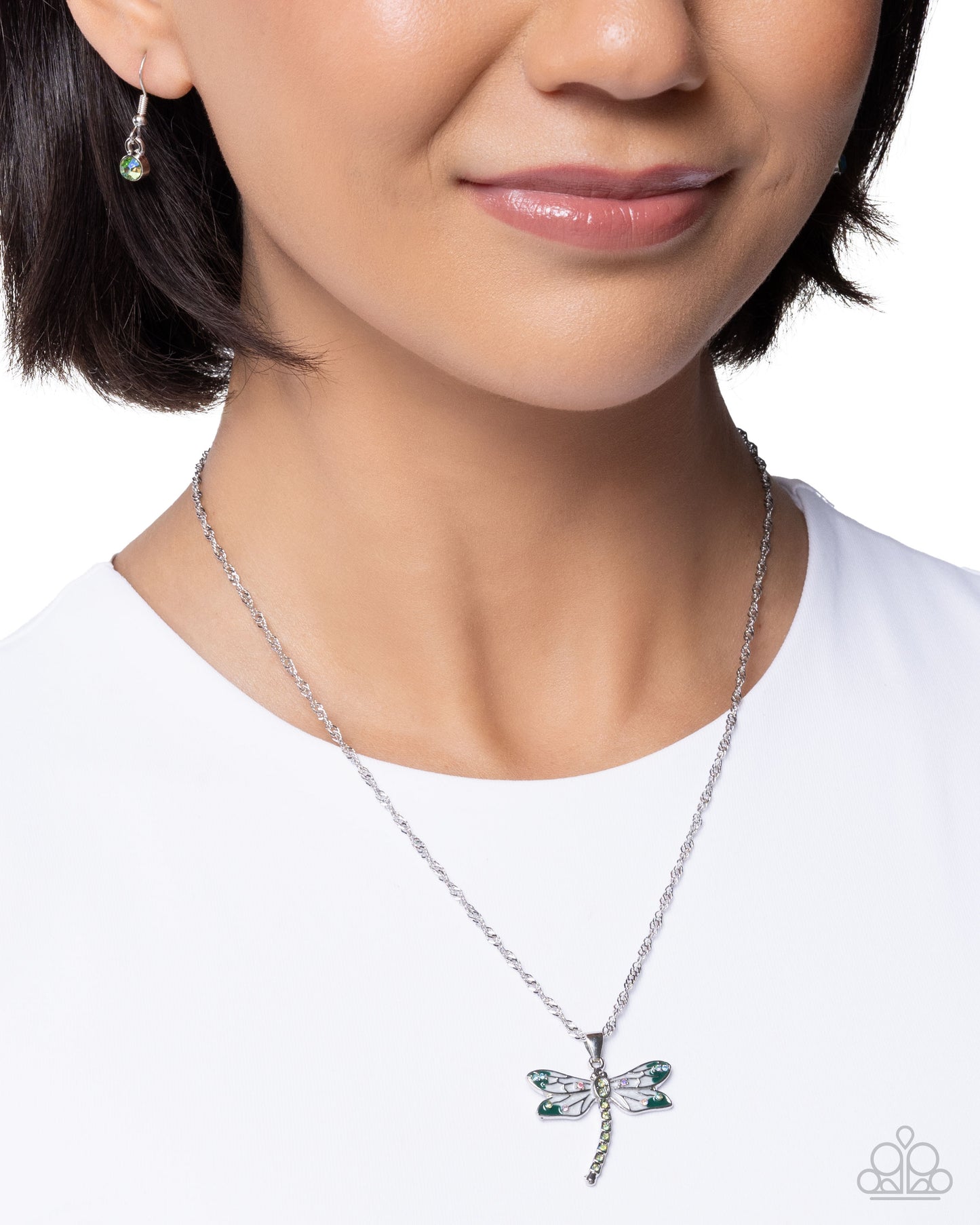 Dragonfly Debut - Green Rhinestone, Silver Drangonfly Pendant Necklace - Paparazzi Accessories