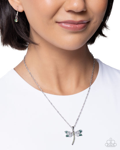 Dragonfly Debut - Green Rhinestone, Silver Drangonfly Pendant Necklace - Paparazzi Accessories