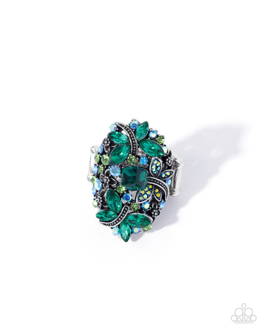 Endearing Etiquette - Green Rhinestone, Silver butterfly Ring - Paparazzi Accessories