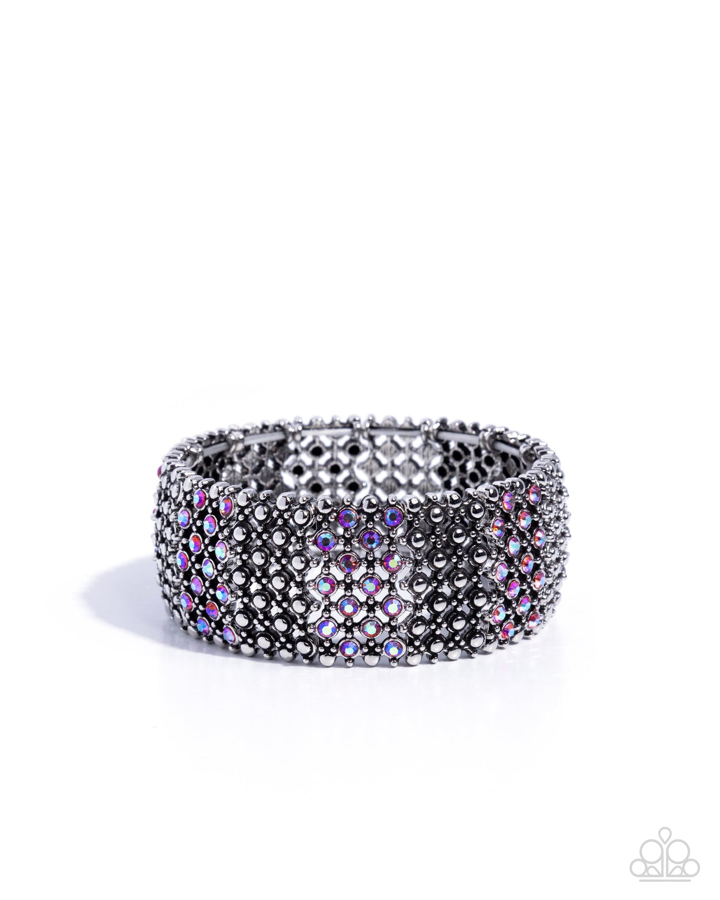 Precious Patchwork - Pink Rhinestone Silver Stretchy Bracelet