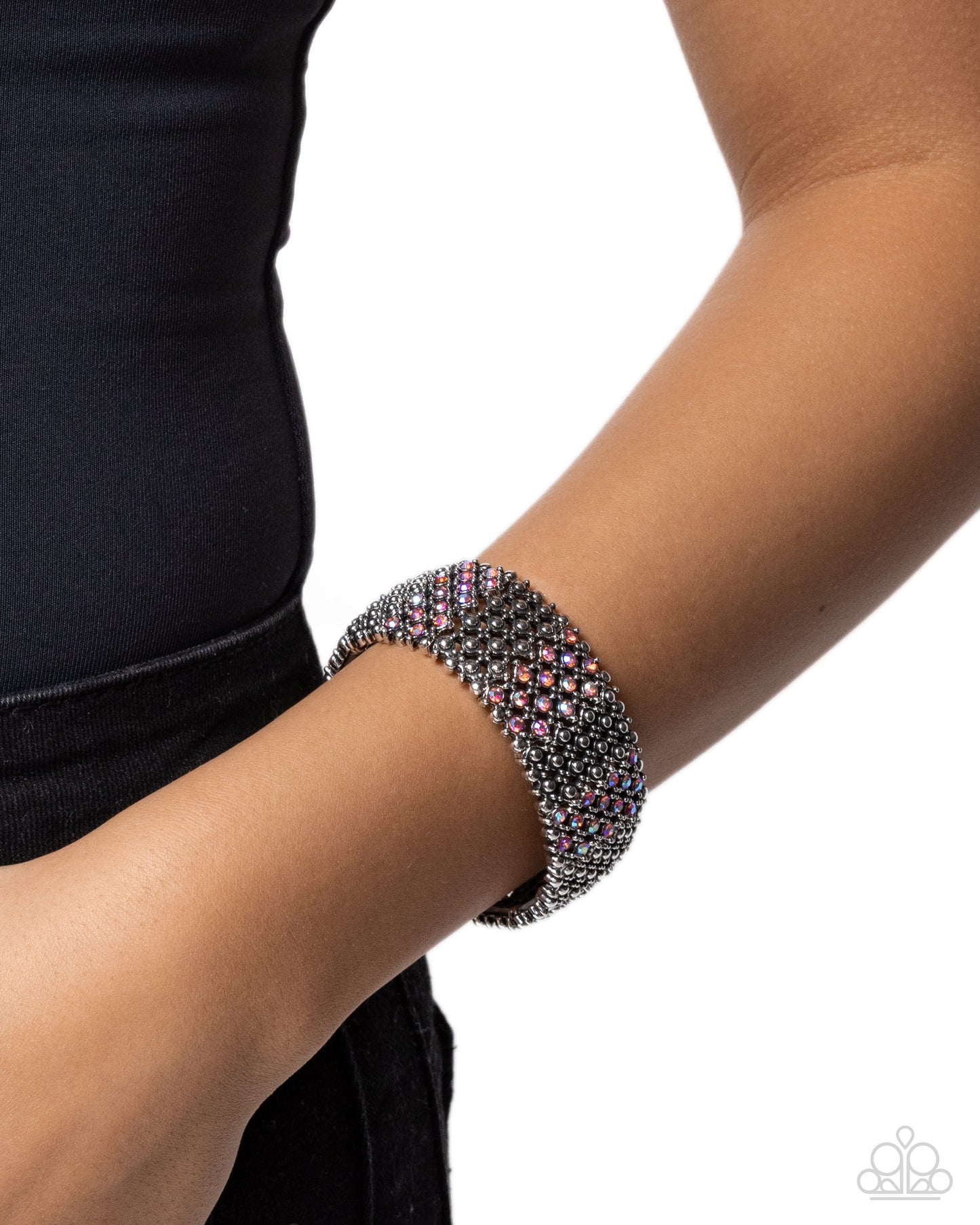 Precious Patchwork - Pink Rhinestone Silver Stretchy Bracelet
