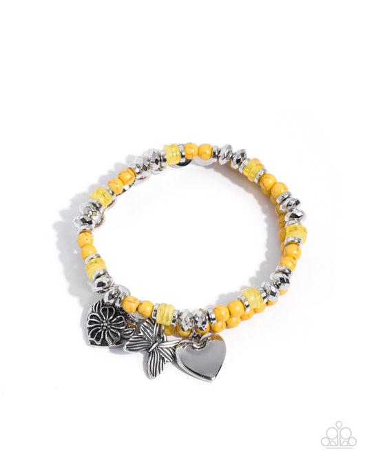 Gliding Greeting - Yellow & Silver Bead, Charm Bracelet - Paparazzi Accessories