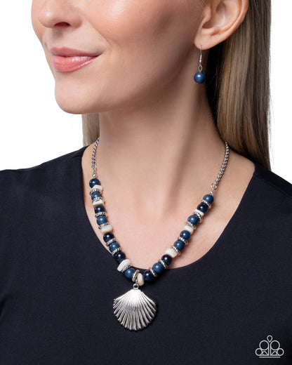 Seafaring Season - Blue Bead, White Shell Bead, Silver Shell Necklace - Paparazzi Accessories