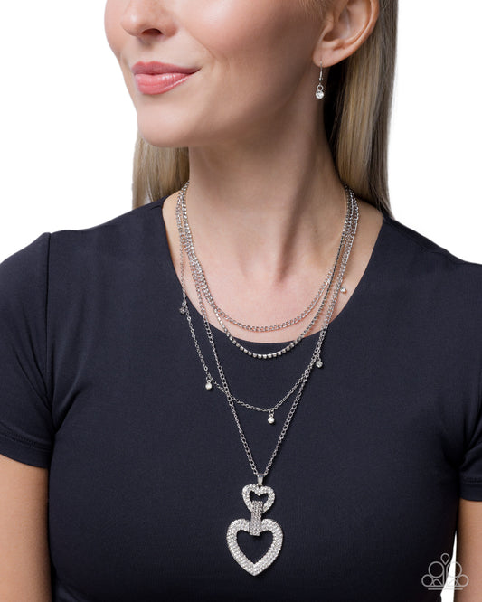 Comfortable Cupid - White Rhinestone, Silver Heart Layered Necklace - Paparazzi Accessories