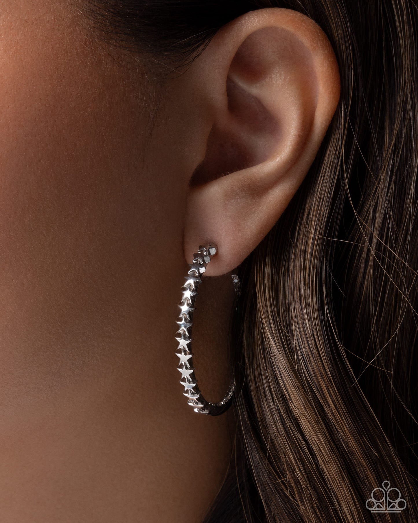Patriotic Passage - Silver Star, White Rhinestone, Hoop Earrings - Paparazzi Accessories